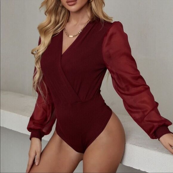 NEW Long Sleeve Burgundy Surplice V Neck Bodysuit - Picture 3 of 16